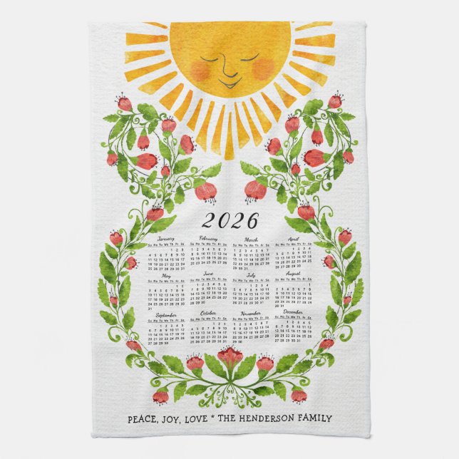 2026 Calendar Cute Floral Kitchen Towel (Vertical)