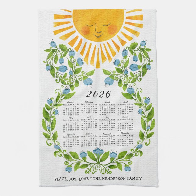 2026 Calendar Cute Sun Blue Flowers Floral Kitchen Towel (Vertical)
