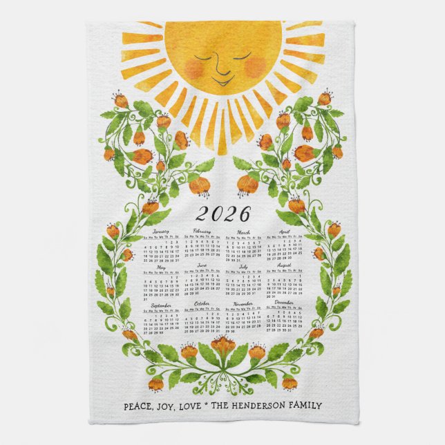 2026 Calendar Cute Sun Orange Flowers Floral Kitchen Towel (Vertical)
