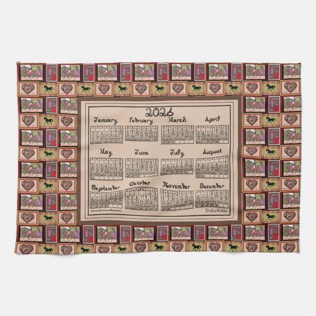 2026 Calendar Dressage Horse Collage Fabric Font Kitchen Towel (Horizontal)
