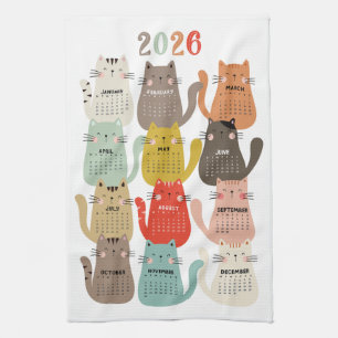 2026 Calendar Earth Tones Cats Kitchen Towel