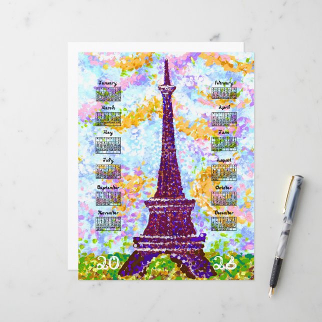 2026 Calendar Eiffel Tower Pointillism Landscape (Front/Back In Situ)