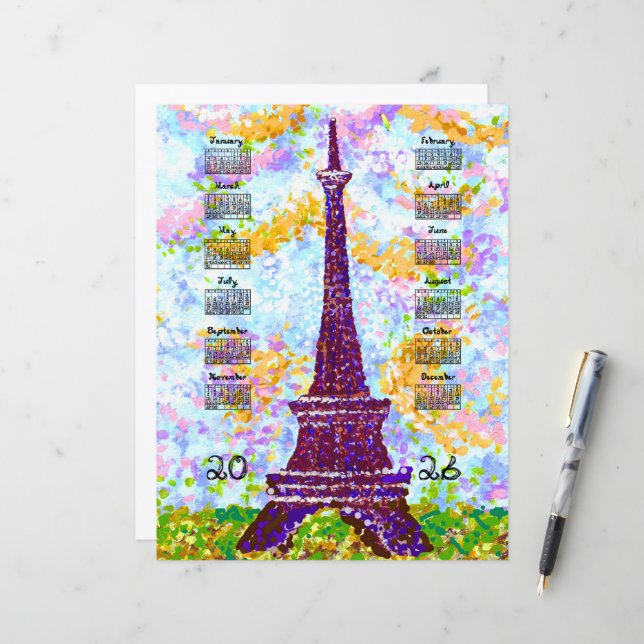 2026 Calendar Eiffel Tower Pointillism Landscape  (Front/Back In Situ)