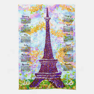 2026 Calendar Eiffel Tower Pointillism Landscape Kitchen Towel