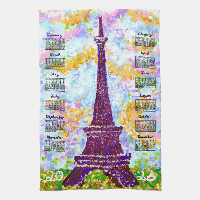 2026 Calendar Eiffel Tower Pointillism Landscape Kitchen Towel (Vertical)