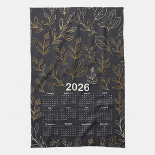 2026 Calendar Elegant Gold Leaves Pattern Kitchen Towel