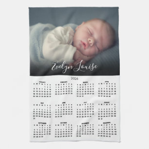 2026 Calendar Elegant Script Name Photo  Kitchen Towel