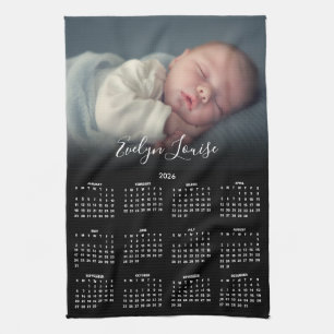 2026 Calendar Elegant Script Name Photo  Kitchen Towel