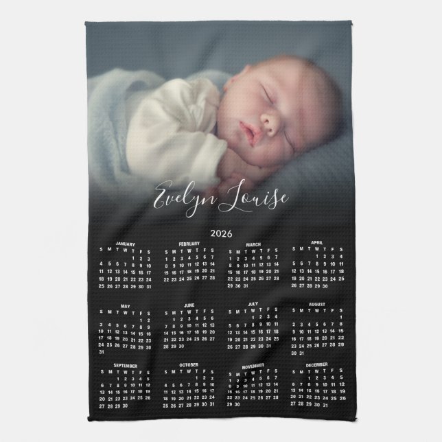 2026 Calendar Elegant Script Name Photo  Kitchen Towel (Vertical)