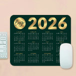 2026 Calendar Emerald Green & Gold Business Logo Mouse Pad<br><div class="desc">Create custom 2026 calendar mousepads with your company logo using this modern emerald green and gold effect calendar design. Great to use as a promotional gift for clients and employees. Featuring faux gold effects over a dark green background, your business logo & contact details - these 2026 calendar mouse pads...</div>