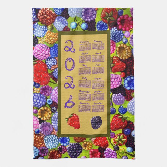 2026 Calendar Fabric Font Berries Art Frame Border Kitchen Towel (Vertical)