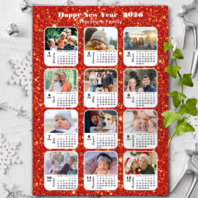 2026 Calendar Family 12 Photo Collage Festive Red Holiday Card (Creator Uploaded)