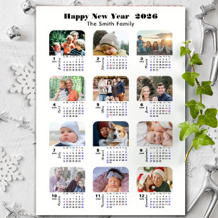 2026 Calendar Family 12 Photo Collage Minimalist Holiday Card