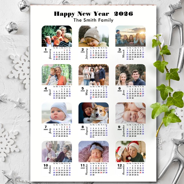 2026 Calendar Family 12 Photo Collage Minimalist Holiday Card (Creator Uploaded)