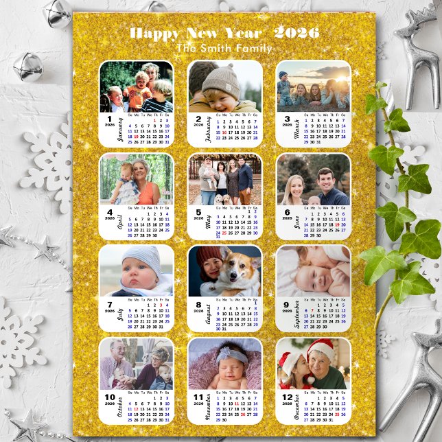 2026 Calendar Family 12 Photo Modern Gold Glitter (Creator Uploaded)