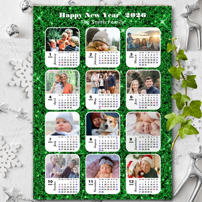 2026 Calendar Family 12 Photo Modern Green Glitter (Creator Uploaded)