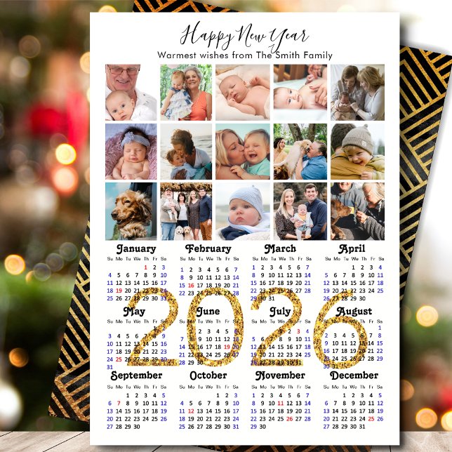 2026 Calendar Family 15 Photo Collage Gold Glitter Holiday Card (Creator Uploaded)