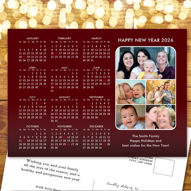 2026 Calendar Family 5 Photo Modern Red Minimalist Holiday Postcard (Creator Uploaded)