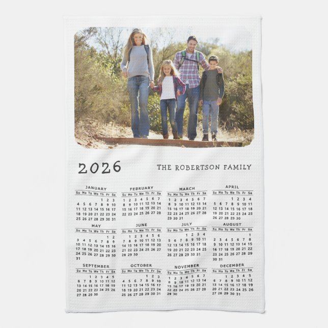 2026 Calendar Family Name Photo Simple White Black Kitchen Towel (Vertical)