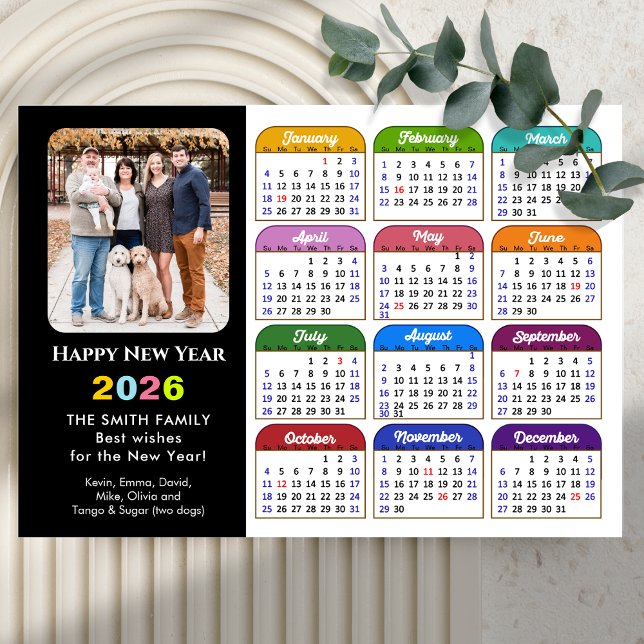 2026 Calendar Family Photo Modern Black Colorful Holiday Card (Creator Uploaded)