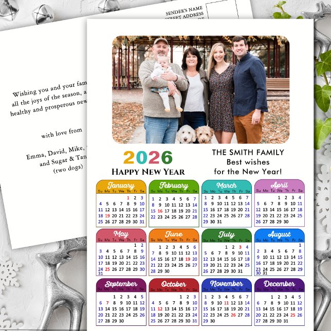 2026 Calendar Family Photo Modern Black Colorful Holiday Postcard (Creator Uploaded)