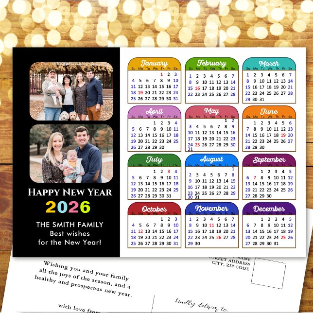 2026 Calendar Family Photo Modern Black Colorful Holiday Postcard (Creator Uploaded)