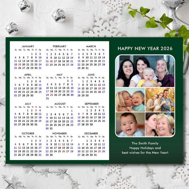 2026 Calendar Family Photo Modern Green Minimalist Holiday Card (Creator Uploaded)