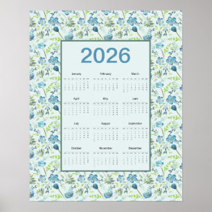 2026 Calendar Full Year Blue Floral Poster