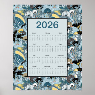 2026 Calendar Full Year Floral Butterflies Poster
