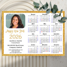 2026 Calendar Gold Glitter Business Photo Magnetic