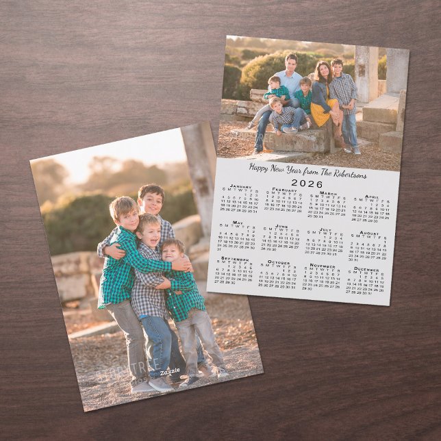 2026 Calendar Gray 2 Custom Photos Happy New Year Holiday Card (2026 Calendar Gray 2 Custom Photos Happy New Year Holiday Card, front/back)