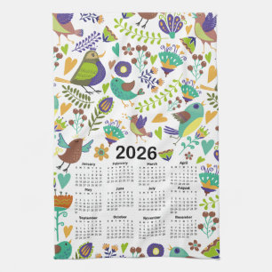 2026 Calendar Green & Blue Birds and Flowers Kitchen Towel