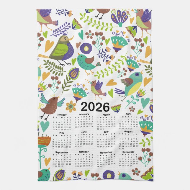 2026 Calendar Green & Blue Birds and Flowers Kitchen Towel (Vertical)