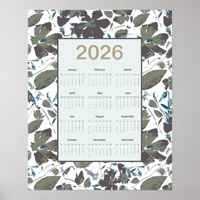 2026 Calendar Green Blue Clematis Floral Poster (Front)