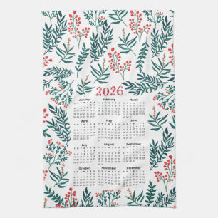 2026 Calendar Green Leaves and Red Floral Pattern Kitchen Towel