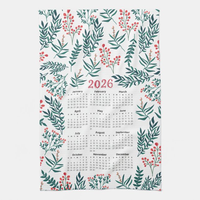 2026 Calendar Green Leaves and Red Floral Pattern Kitchen Towel (Vertical)