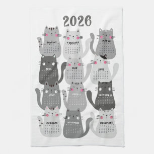 2026 Calendar Grey Cats Kitchen Towel