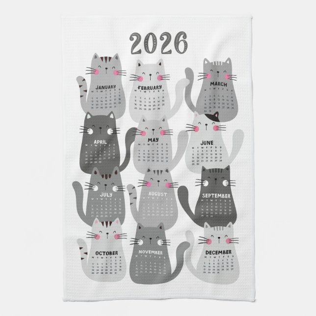 2026 Calendar Grey Cats Kitchen Towel (Vertical)