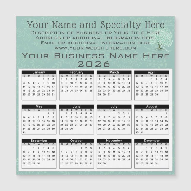 2026 Calendar Heart Leaf Tree Floral Mint Green (Front)