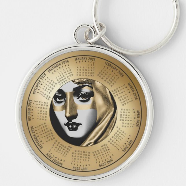 2026 Calendar Keychain Woman's  Art Deco Face Gold (Front)