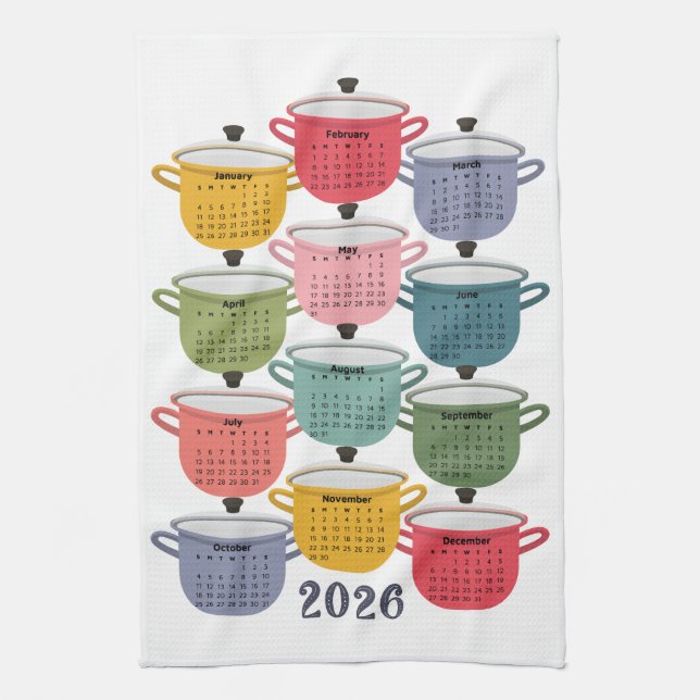 2026 Calendar Kitchen Colorful Cookware Towel (Vertical)