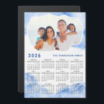 2026 Calendar Magnet Family Photo Name Blue White<br><div class="desc">Create a personalized 2026 magnetic calendar with photo and blue marble design. Templates make it easy to type your Family name and upload personal picture to have the same cloud shape frame around your photo. This Sunday through Saturday 2026 calendar is a practical gift idea for Thanksgiving Day, Christmas, New...</div>