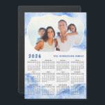 2026 Calendar Magnet Family Photo Name Blue White<br><div class="desc">Create a personalized 2026 magnetic calendar with photo and blue marble design. Templates make it easy to type your Family name and upload personal picture to have the same cloud shape frame around your photo. This Sunday through Saturday 2026 calendar is a practical gift idea for Thanksgiving Day, Christmas, New...</div>