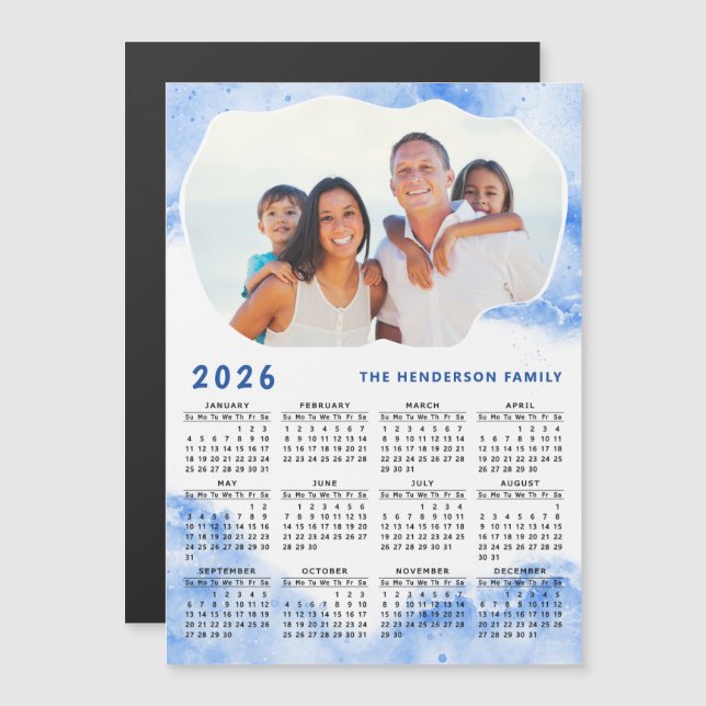 2026 Calendar Magnet Family Photo Name Blue White (Front/Back)