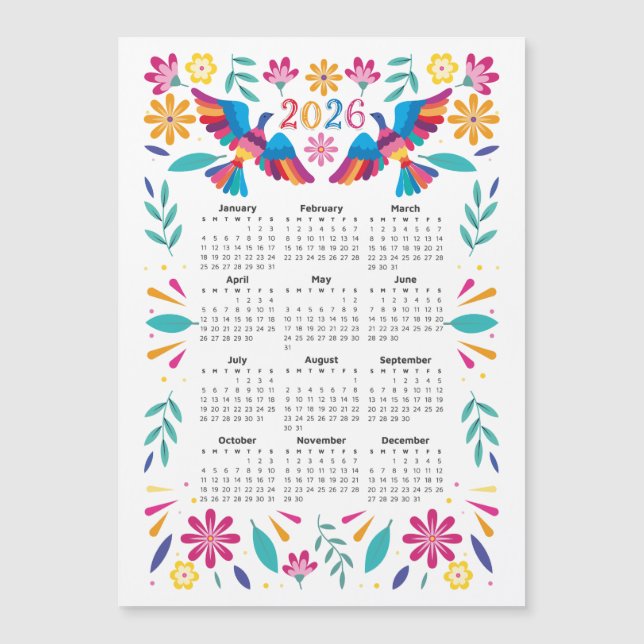 2026 Calendar Mexican Flying Otomi Birds & Flowers (Front)