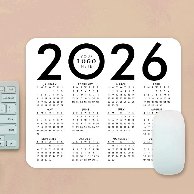 2026 Calendar Minimalist Business Logo Black White Mouse Pad (Creator Uploaded)