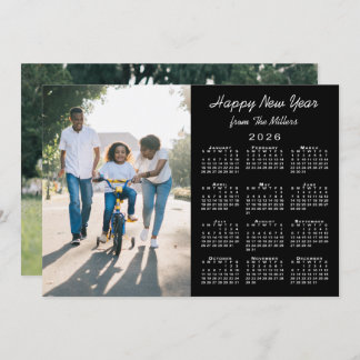 2026 Calendar Modern Black 2 Photo Happy New Year Holiday Card