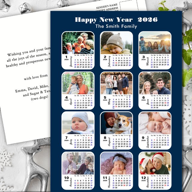 2026 Calendar Modern Family 12 Photo Blue Glitter Holiday Postcard (Creator Uploaded)