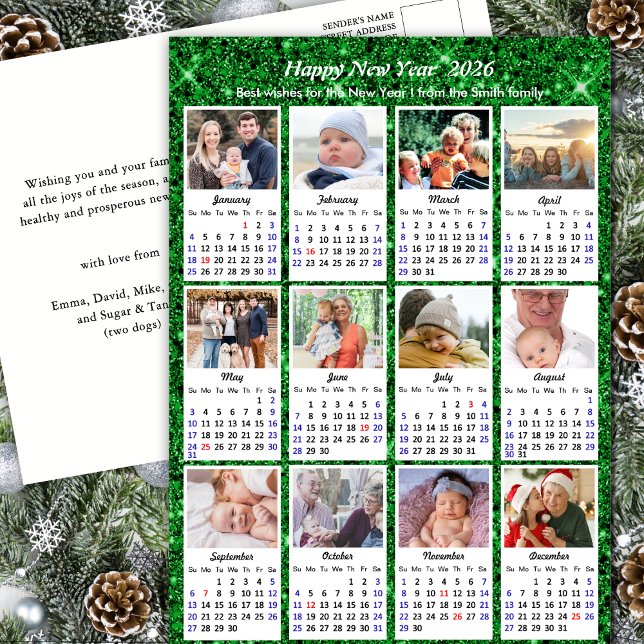 2026 Calendar Modern Family 12 Photo Green Glitter Holiday Postcard (Creator Uploaded)