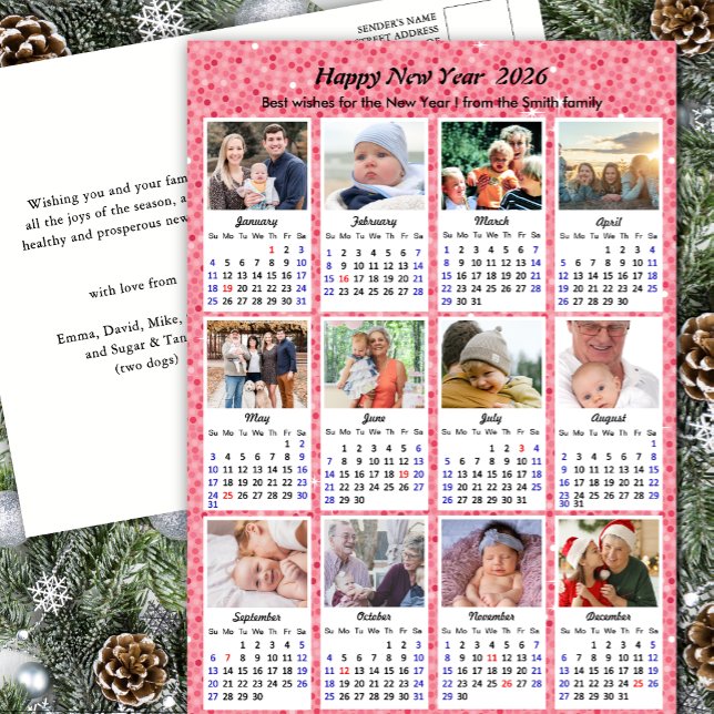 2026 Calendar Modern Family 12 Photo Pink Glitter Holiday Postcard (Creator Uploaded)